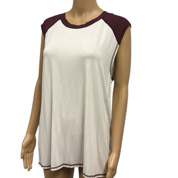 Pol Cap Sleeve 2 Tone Burgundy Cream Comfortable Jersey Top Shirt Womens Small - Picture 1 of 9